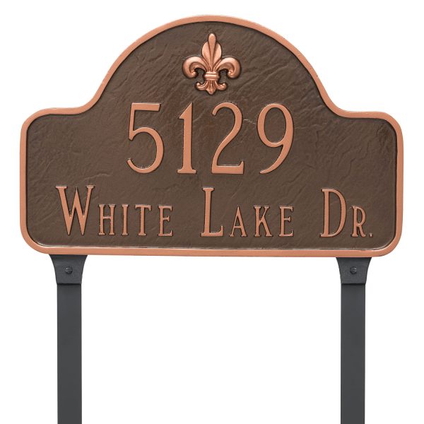 Fleur de Lis Lexington Arch Estate Two Line Address Sign Plaque with Lawn Stakes