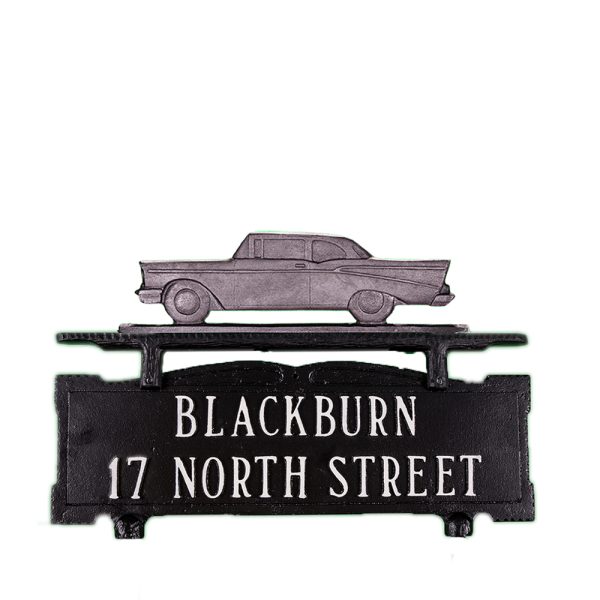 8" x 14.75" Cast Aluminum Two Line Mailbox Sign with Classic Car Ornament