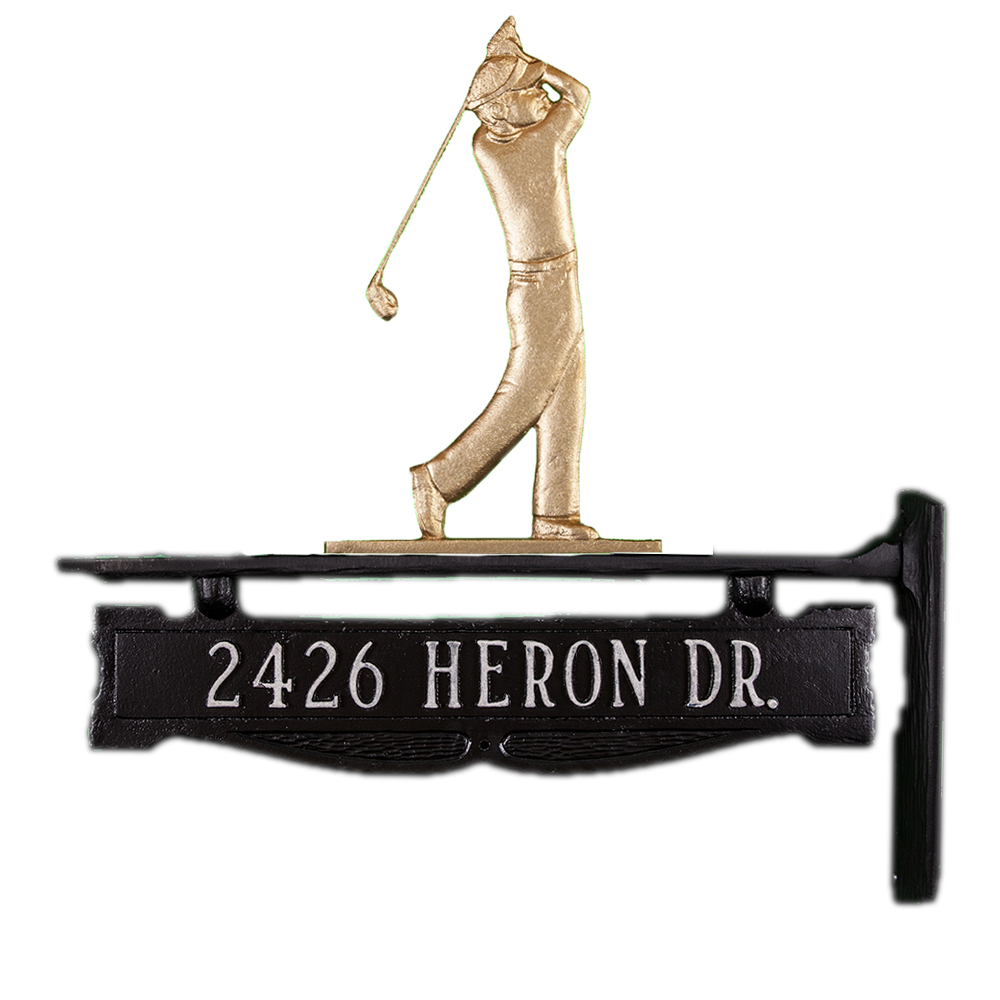 Cast Aluminum One Line Post Sign with Gold Golfer Ornament