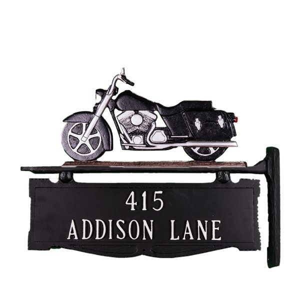Cast Aluminum Two Line Post Sign with Motorcycle Ornament