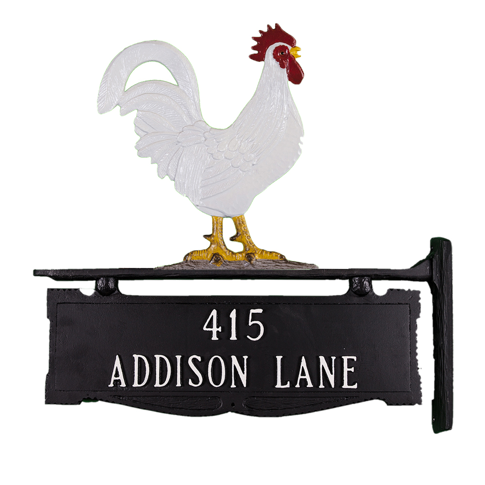 14.75" x 14.75" Cast Aluminum Two Line Post Sign with Gold Rooster Ornament