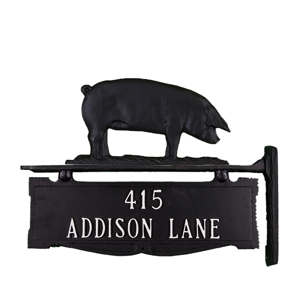 Cast Aluminum Two Line Post Sign with Gold Pig Ornament