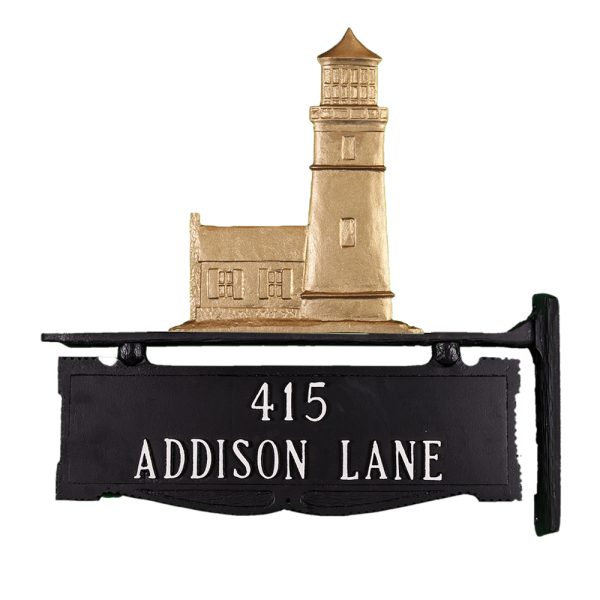 14.25" x 14.75" Cast Aluminum Two Line Post Sign with Cottage Lighthouse Ornament
