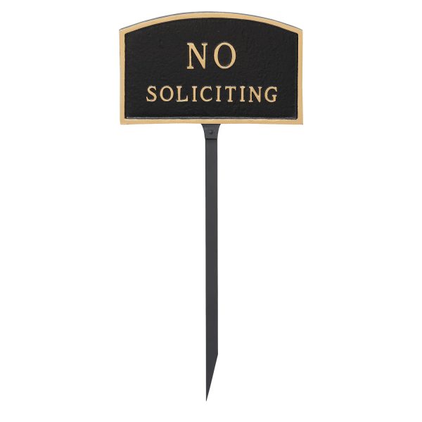 5.5" x 9" Small Arch No Soliciting Statement Plaque Sign with 23" lawn stake, Black with Gold Lettering