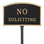 5.5" x 9" Small Arch No Soliciting Statement Plaque Sign with 23" lawn stake, Black with Gold Lettering