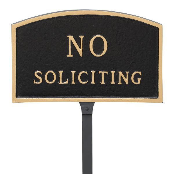 5.5" x 9" Small Arch No Soliciting Statement Plaque Sign with 23" lawn stake, Black with Gold Lettering