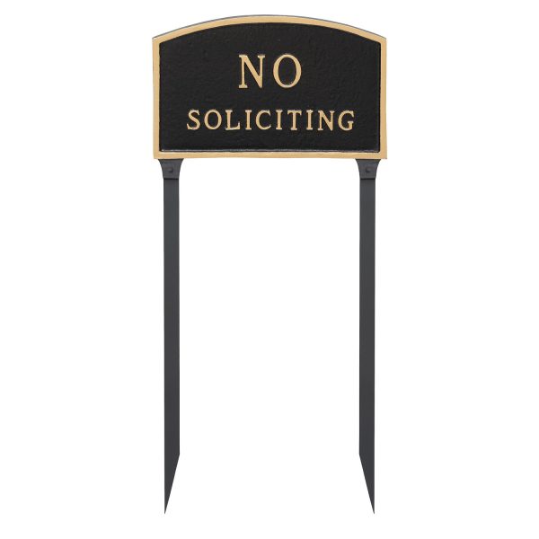 13" x 21" Large Arch No Soliciting Statement Plaque Sign with 23" lawn stake, Black with Gold Lettering