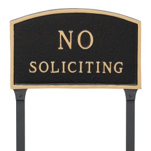 10" x 15" Standard Arch No Soliciting Statement Plaque Sign with 23" lawn stake, Black with Gold Lettering