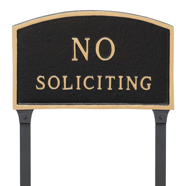 13" x 21" Large Arch No Soliciting Statement Plaque Sign with 23" lawn stake, Black with Gold Lettering