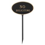 6" x 10" Small Oval No Soliciting Statement Plaque Sign with 23" lawn stake, Black with Gold Lettering