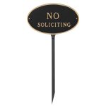 8.5" x 13" Standard Oval No Soliciting Statement Plaque Sign with 23" lawn stake, Black with Gold Lettering