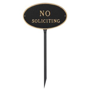 6" x 10" Small Oval No Soliciting Statement Plaque Sign with 23" lawn stake, Black with Gold Lettering