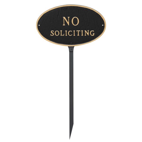 8.5" x 13" Standard Oval No Soliciting Statement Plaque Sign with 23" lawn stake, Black with Gold Lettering