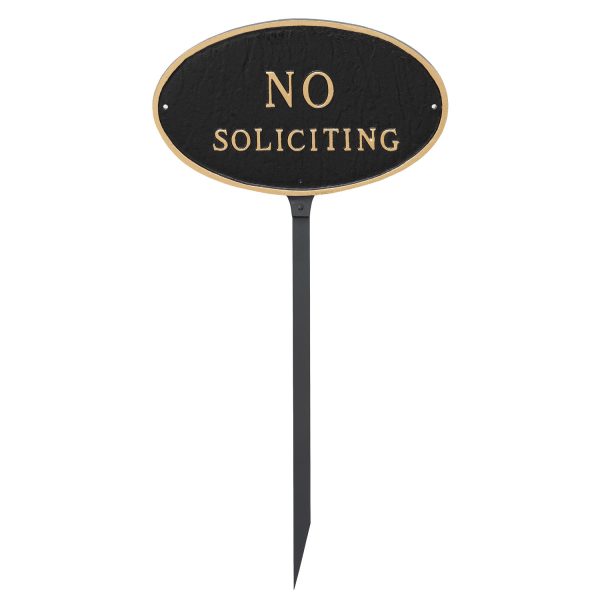 8.5" x 13" Standard Oval No Soliciting Statement Plaque Sign with 23" lawn stake, Black with Gold Lettering