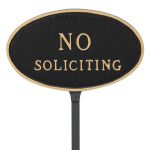 8.5" x 13" Standard Oval No Soliciting Statement Plaque Sign with 23" lawn stake, Black with Gold Lettering