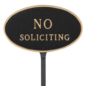 8.5" x 13" Standard Oval No Soliciting Statement Plaque Sign with 23" lawn stake, Black with Gold Lettering