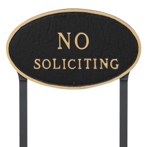 10" x 18" Large Oval No Soliciting Statement Plaque Sign with 23" lawn stake, Black with Gold Lettering