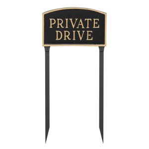 13" x 21" Large Arch Private Drive Statement Plaque Sign with 23" lawn stake, Black with Gold Lettering