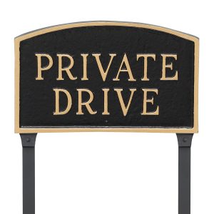 13" x 21" Large Arch Private Drive Statement Plaque Sign with 23" lawn stake, Black with Gold Lettering