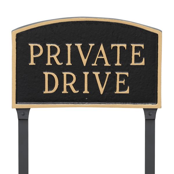 13" x 21" Large Arch Private Drive Statement Plaque Sign with 23" lawn stake, Black with Gold Lettering