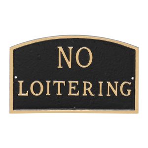 5.5" x 9" Small Arch No Loitering Statement Plaque Sign Black with Gold Lettering