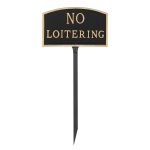 5.5" x 9" Small Arch No Loitering Statement Plaque Sign with 23" lawn stake, Black with Gold Lettering