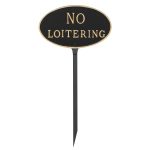 6" x 10" Small Oval No Loitering Statement Plaque Sign with 23" lawn stake, Black with Gold Lettering