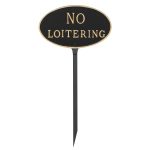 8.5" x 13" Standard Oval No Loitering Statement Plaque Sign with 23" lawn stake, Black with Gold Lettering