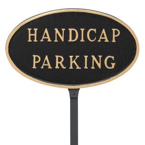 8.5" x 13" Standard Oval Handicap Parking Statement Plaque Sign with 23" lawn stake, Black with Gold Lettering