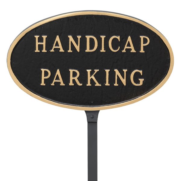 8.5" x 13" Standard Oval Handicap Parking Statement Plaque Sign with 23" lawn stake, Black with Gold Lettering