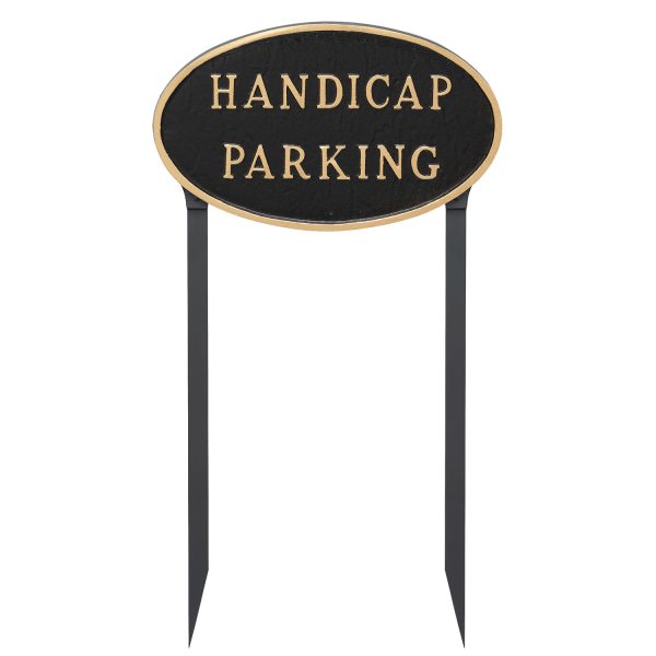 10" x 18" Large Oval Handicap Parking Statement Plaque Sign with 23" lawn stake, Black with Gold Lettering