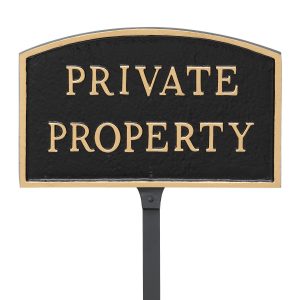 5.5" x 9" Small Arch Private Property Statement Plaque Sign with 23" lawn stake, Black with Gold Lettering