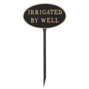 8.5" x 13" Standard Oval Irrigated By Well Statement Plaque Sign with 23" lawn stake, Black with Gold Lettering