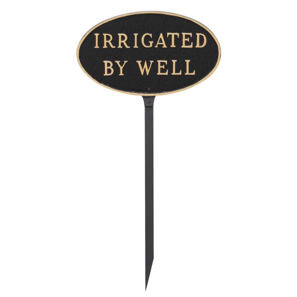 6" x 10" Small Oval Irrigated By Well Statement Plaque Sign with 23" lawn stake, Black with Gold Lettering