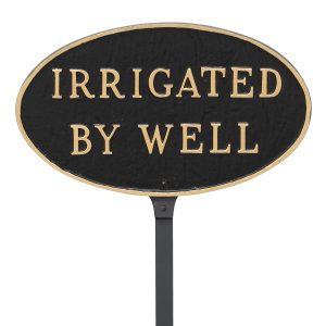 8.5" x 13" Standard Oval Irrigated By Well Statement Plaque Sign with 23" lawn stake, Black with Gold Lettering