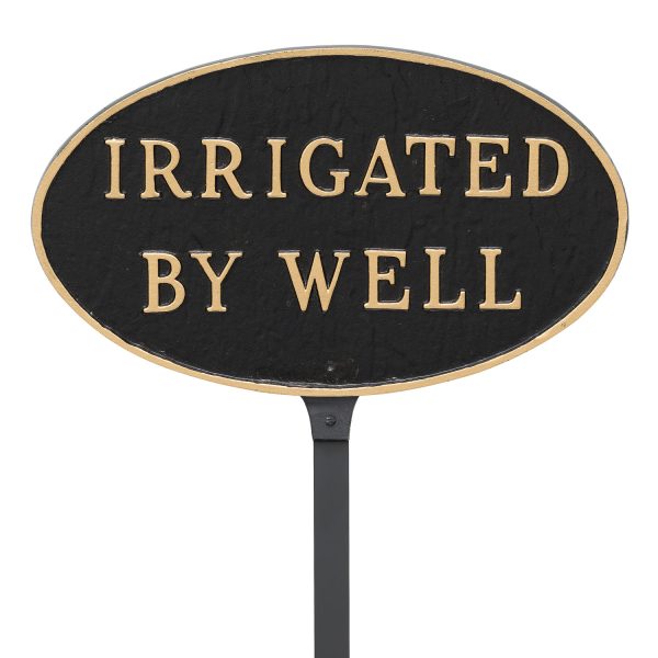 6" x 10" Small Oval Irrigated By Well Statement Plaque Sign with 23" lawn stake, Black with Gold Lettering