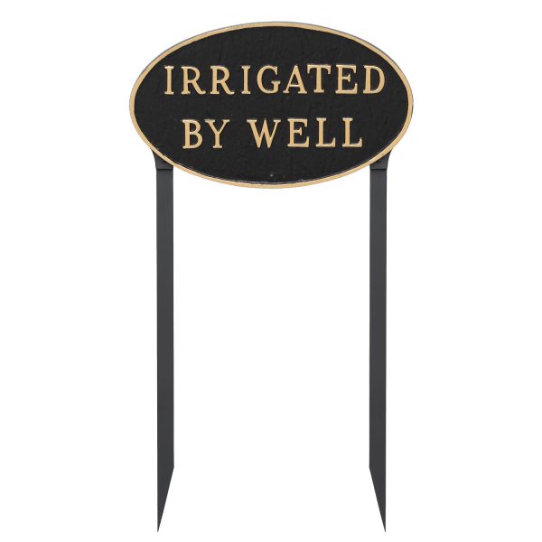 10" x 18" Large Oval Irrigated By Well Statement Plaque Sign with 23" lawn stake, Black with Gold Lettering