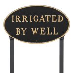 10" x 18" Large Oval Irrigated By Well Statement Plaque Sign with 23" lawn stake, Black with Gold Lettering