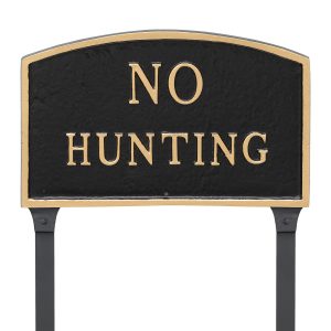 13" x 21" Large Arch No Hunting Statement Plaque Sign with 23" lawn stake, Black with Gold Lettering