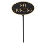 8.5" x 13" Standard Oval No Hunting Statement Plaque Sign with 23" lawn stake, Black with Gold Lettering