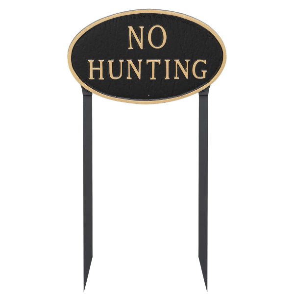 10" x 18" Large Oval No Hunting Statement Plaque Sign with 23" lawn stake, Black with Gold Lettering