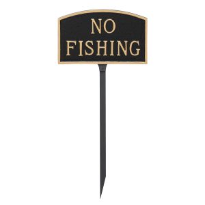 5.5" x 9" Small Arch No Fishing Statement Plaque Sign with 23" lawn stake, Black with Gold Lettering