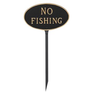 6" x 10" Small Oval No Fishing Statement Plaque Sign with 23" lawn stake, Black with Gold Lettering