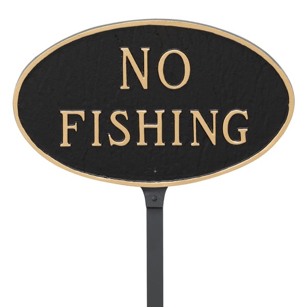 6" x 10" Small Oval No Fishing Statement Plaque Sign with 23" lawn stake, Black with Gold Lettering