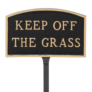 5.5" x 9" Small Arch Keep off the Grass Statement Plaque Sign with 23" lawn stake, Black with Gold Lettering
