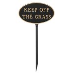 6" x 10" Small Oval Keep off the Grass Statement Plaque Sign with 23" lawn stake, Black with Gold Lettering