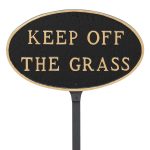 6" x 10" Small Oval Keep off the Grass Statement Plaque Sign with 23" lawn stake, Black with Gold Lettering