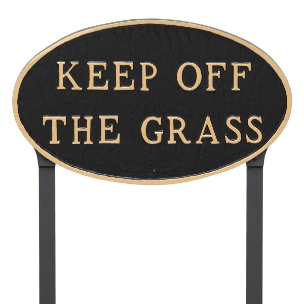 10" x 18" Large Oval Keep off the Grass Statement Plaque Sign with 23" lawn stake, Black with Gold Lettering