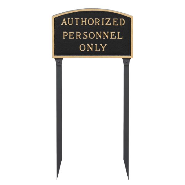 13" x 21" Large Arch Authorized Personnel Only Statement Plaque Sign with 23" lawn stake, Black with Gold Lettering