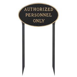 10" x 18" Large Oval Authorized Personnel Only Statement Plaque Sign with 23" lawn stake, Black with Gold Lettering